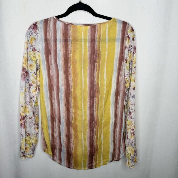 SUNDANCE / yellow maroon striped floral semi-sheer long sleeve blouse top / XS - Picture 2 of 6